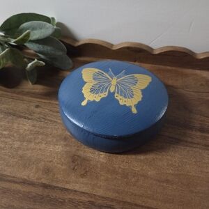 Blue Handpainted Wooden Trinket Or Jewelry Box With Gold Butterfly